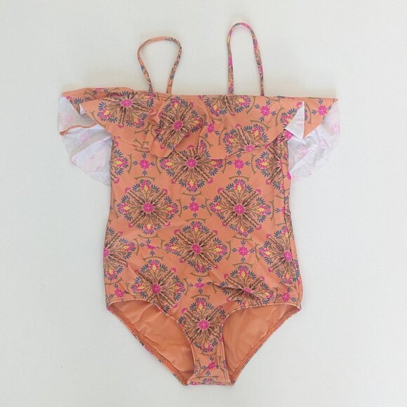 O'Neill Teresa Tile Ruffle One-Piece Swimsuit, Orange, Girls 7